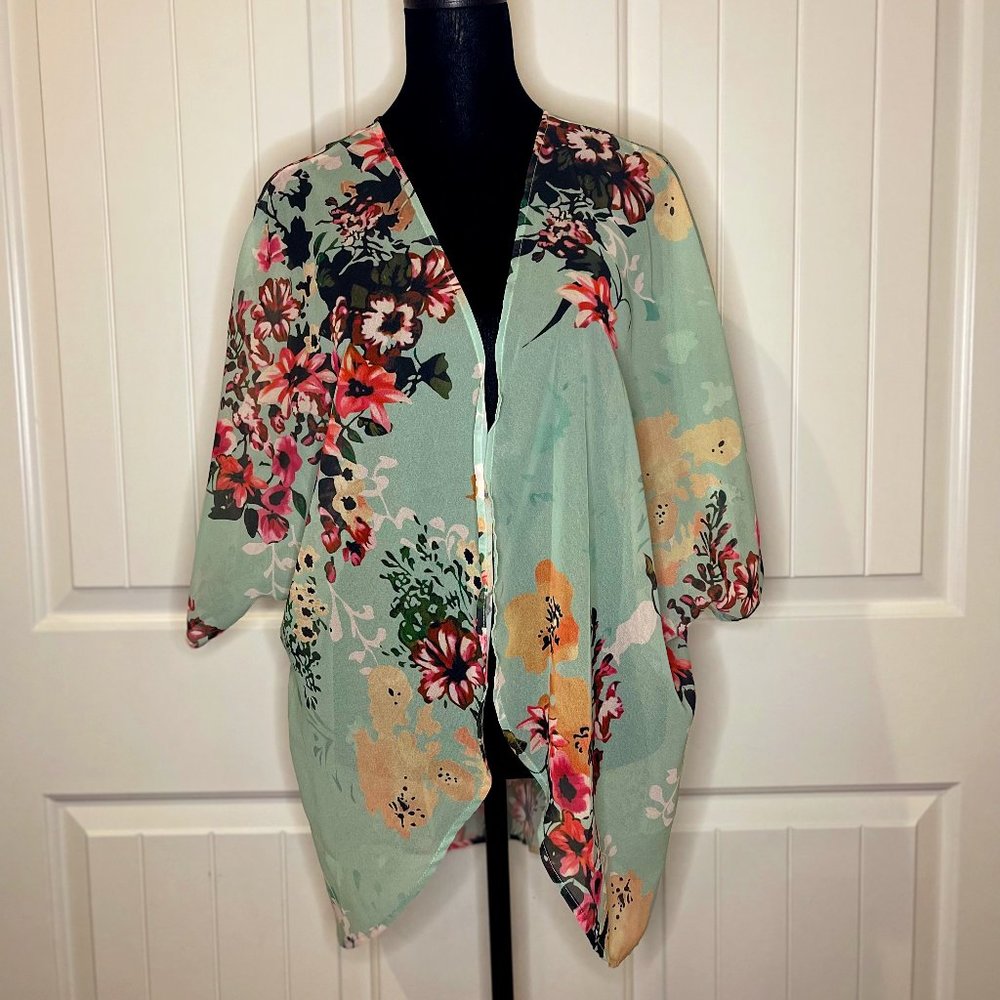 Women's Floral Print Short Sleeve Shawl Chiffon -OS